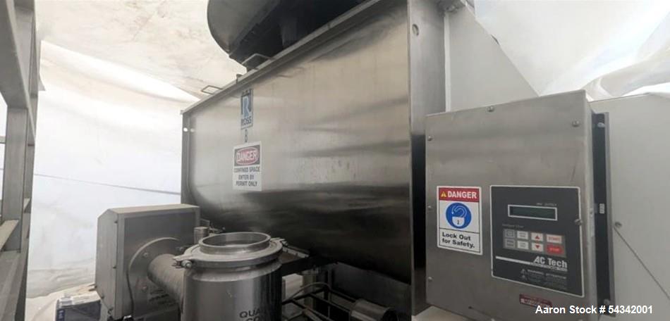 Used Ross approximately 52 cuft stainless steel double ribbon blender.  Sanitary Construction.  Approximately 36" wide X 84" long.  Center bottom discharge. Approximately 20 hp 3 phase 60 cycle 230/4...