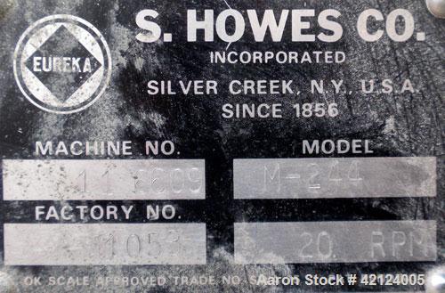 Used S. Howes Double Spiral Ribbon Blender, model M-244, 14.1 cubic feet working capacity, carbon steel. Non-jacketed trough 24" wide x 48" long x approximately 26" deep. 3" diameter shaft. Inner rib...