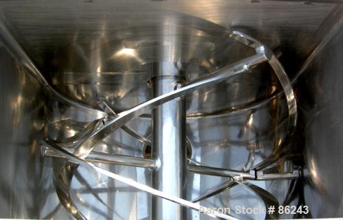 Used S Howes Double Spiral Ribbon Blender, Model S488, 113 Cubic Feet Working Capacity, 304 Stainless Steel. Non-jacketed trough 48" wide x 96" long x approximately 54" deep. 6" diameter shaft, inner...