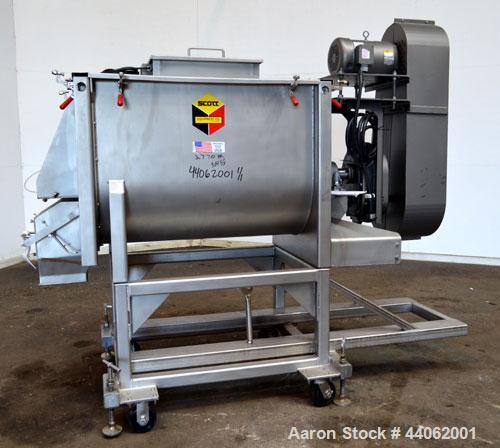 Used Scott Equipment Paddle/Ribbon Blender, Model SPRM304SS, 20 Cubic Feet Working Capacity, 304 Stainless Steel. Non-jacketed trough 31” wide x 48” long x approximately 36” deep. 4” Diameter shaft, ...