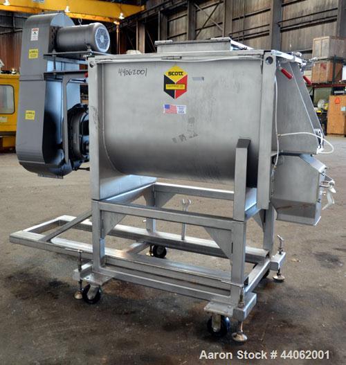 Used Scott Equipment Paddle/Ribbon Blender, Model SPRM304SS, 20 Cubic Feet Working Capacity, 304 Stainless Steel. Non-jacketed trough 31” wide x 48” long x approximately 36” deep. 4” Diameter shaft, ...