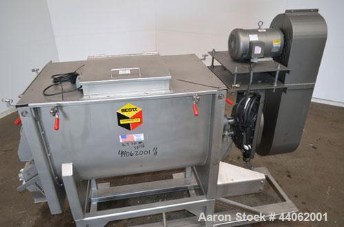 Used Scott Equipment Paddle/Ribbon Blender, Model SPRM304SS, 20 Cubic Feet Working Capacity, 304 Stainless Steel. Non-jacketed trough 31” wide x 48” long x approximately 36” deep. 4” Diameter shaft, ...