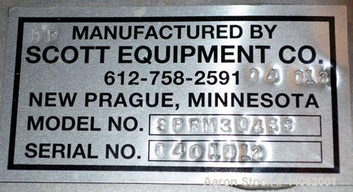 Used Scott Equipment Paddle/Ribbon Blender, Model SPRM304SS, 20 Cubic Feet Working Capacity, 304 Stainless Steel. Non-jacketed trough 31” wide x 48” long x approximately 36” deep. 4” Diameter shaft, ...