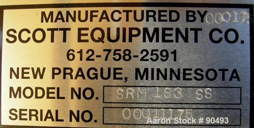 USED: Scott Equipment Co double spiral ribbon blender, model SRM183SS, 6 cubic feet, 304 stainless steel. Non-jacketed trough 18" wide x 36" long x approximately 20" deep. 2-1/2" diameter shaft, inne...