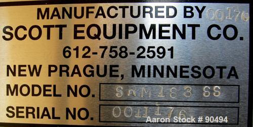 USED: Scott Equipment Co double spiral ribbon blender, model SRM183SS, 6 cubic feet, 304 stainless steel. Non-jacketed trough 18" wide x 36" long x approximately 20" deep. 2-1/2" diameter shaft, inne...