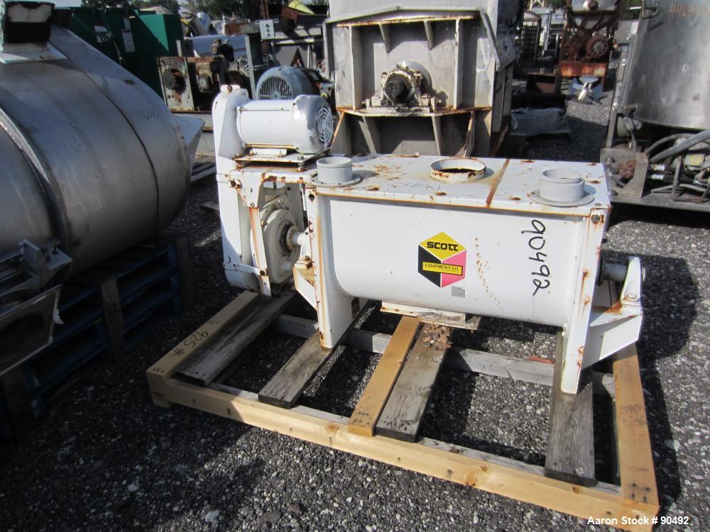 Used Scott Equipment Company Double Spiral Ribbon Blender, Model SRM183, 6 Cubic Feet, Carbon Steel. Non-jacketed trough 18" wide x 36" long x approximately 20" deep. 2-1/2" diameter shaft, inner rib...