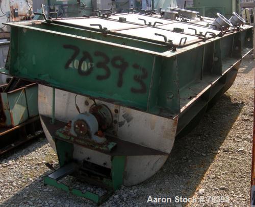 Used Sprout Waldron Ribbon/Paddle Blender, 150 Cubic Foot Working Capacity, 304 Stainless Steel. Non-jacketed trough 48" wide x 144" long x approximately 52" deep. 8" diameter shaft with a 2" wide x ...