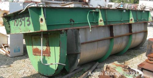 Used Sprout Waldron Ribbon/Paddle Blender, 150 Cubic Foot Working Capacity, 304 Stainless Steel. Non-jacketed trough 48" wide x 144" long x approximately 52" deep. 8" diameter shaft with a 2" wide x ...