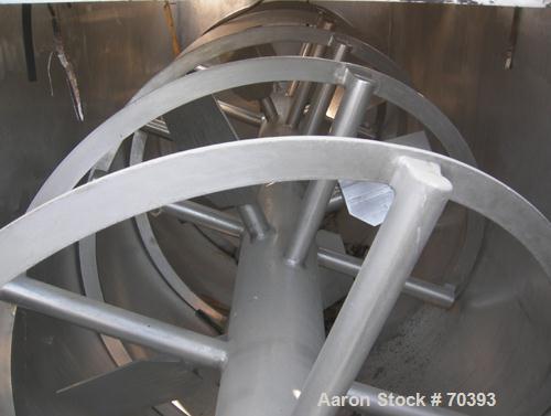 Used Sprout Waldron Ribbon/Paddle Blender, 150 Cubic Foot Working Capacity, 304 Stainless Steel. Non-jacketed trough 48" wide x 144" long x approximately 52" deep. 8" diameter shaft with a 2" wide x ...