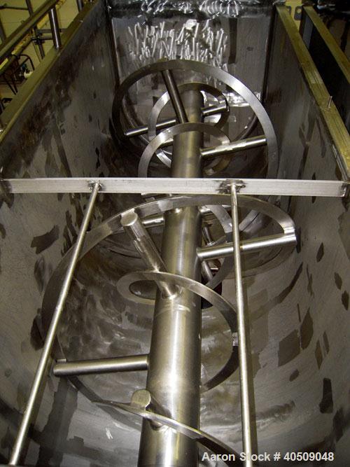 Used Sprout Waldron Double Spiral Ribbon Blender, Model 14,000#, 267 cubic feet working capacity, stainless steel. Non- jacketed trough 60" wide x 144" long x approximately 65" deep. 10" diameter sha...