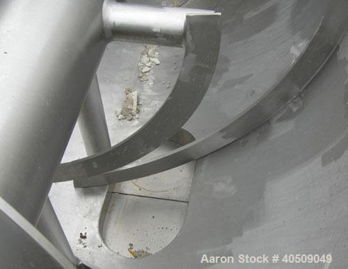 Used Sprout Waldron Double Spiral Ribbon Blender, Model 14,000#, 267 cubic feet working capacity, 304 stainless steel. Non- jacketed trough 60" wide x 144" long x approximately 65" deep. 10" diameter...