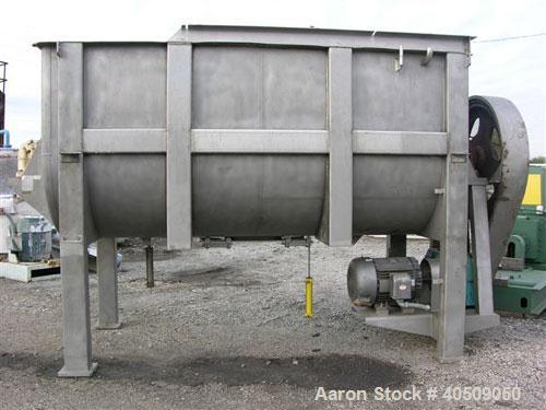 Used Sprout Waldron double spiral ribbon blender, model 14,000#, 267 cubic feet working capacity, stainless steel. Non- jacketed trough 60" wide x 144" long x approximately 65" deep. 10" diameter sha...