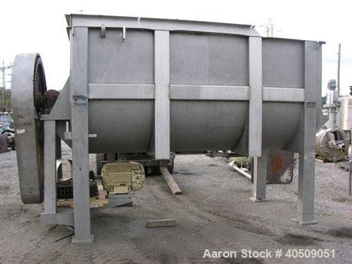 Used Sprout Waldron Double Spiral Ribbon Blender, Model 14,000#, 267 cubic feet working capacity, stainless steel. Non- jacketed trough 60" wide x 144" long x approximately 65" deep. 10" diameter sha...