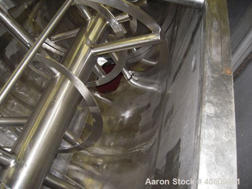 Used Sprout Waldron Double Spiral Ribbon Blender, Model 14,000#, 267 cubic feet working capacity, stainless steel. Non- jacketed trough 60" wide x 144" long x approximately 65" deep. 10" diameter sha...