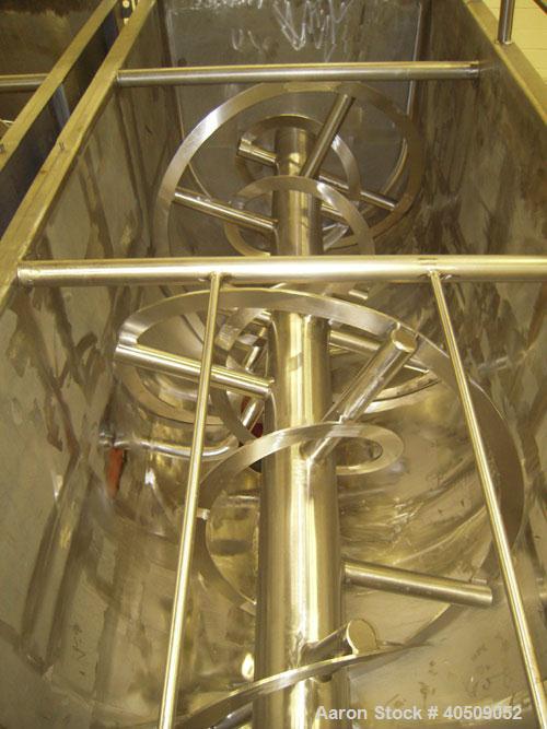 Used Sprout Waldron Double Spiral Ribbon Blender, Model 14,000#, 267 Cubic Feet Working Capacity, 304 Stainless Steel. Non- jacketed trough 60" wide x 144" long x approximately 65" deep. 10" diameter...