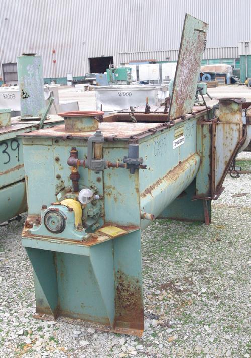 USED: Sprout Waldron double spiral ribbon blender, model B-21. 21 cu ft working capacity, carbon steel. Jacketed trough 24" wide x 80" long x approx 28" deep. 6" diameter shaft. Inner ribbon 2" wide ...