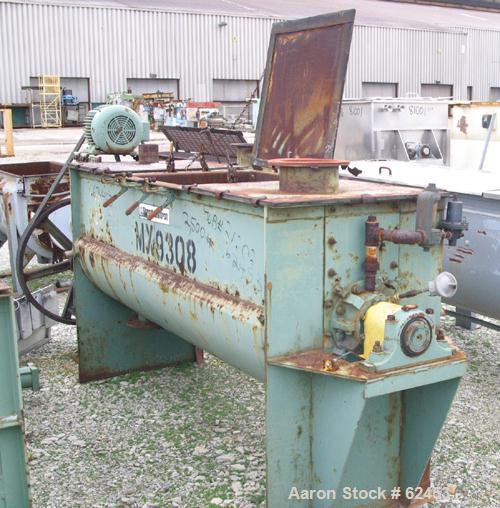 USED: Sprout Waldron double spiral ribbon blender, model B-21. 21 cu ft working capacity, carbon steel. Jacketed trough 24" wide x 80" long x approx 28" deep. 6" diameter shaft. Inner ribbon 2" wide ...