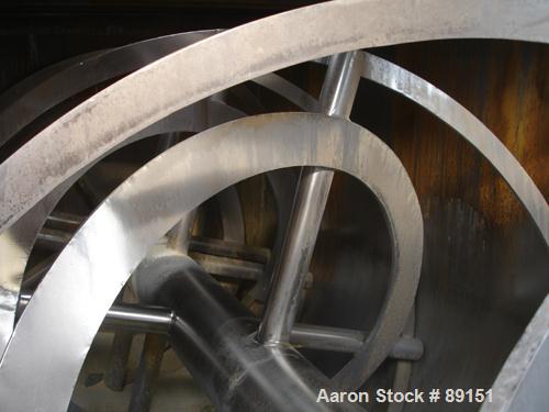 USED: Sprout Waldron double spiral ribbon blender, 400 cubic feet working capacity, 510 total, stainless steel. Non-jacketed trough 76" wide x 153" long, outboard roller bearings, airpurge seals. 8" ...