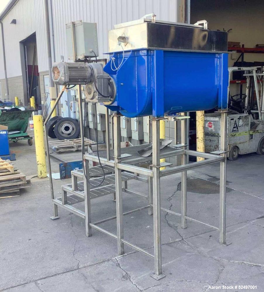 Used Double Spiral Ribbon Mixer / Blender, Approximately 10 Cubic Feet, 304 Stainless Steel. Double spiral ribbon, driven by a 2HP, 3/60/230/460 volt, 1767/49 rpm gear motor. Clamp -on top cover with...