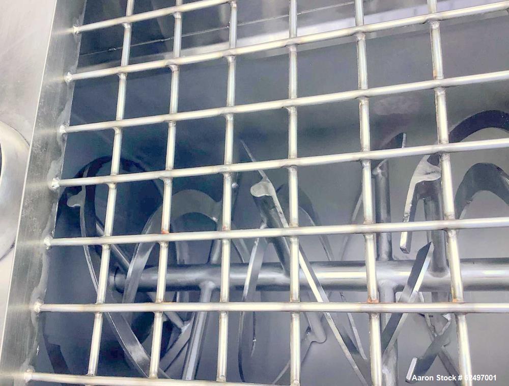 Used Double Spiral Ribbon Mixer / Blender, Approximately 10 Cubic Feet, 304 Stainless Steel. Double spiral ribbon, driven by a 2HP, 3/60/230/460 volt, 1767/49 rpm gear motor. Clamp -on top cover with...