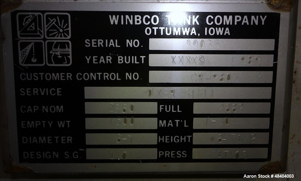 Used Winbco Tank Company Double Spiral Ribbon Blender.