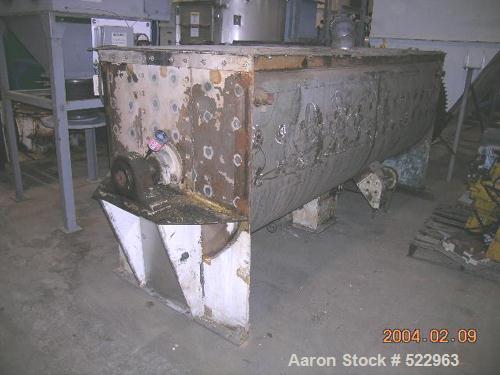 USED: 75 cubic foot stainless steel jacketed double ribbon blender manufactured by Young Industries. 38" diameter x 118" long double ribbon, stainless steel. 25 hp motor, 100 rpm blender speed, chain...
