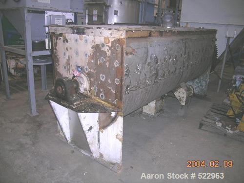 USED: 75 cubic foot stainless steel jacketed double ribbon blender manufactured by Young Industries. 38" diameter x 118" long double ribbon, stainless steel. 25 hp motor, 100 rpm blender speed, chain...