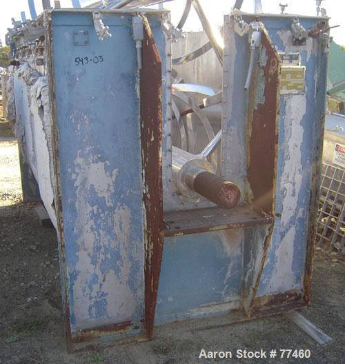 Used Young Industries Double Spiral Ribbon Blender, 150 Cubic Feet, Stainless Steel. Jacketed trough 53" wide x 114" long x 59" deep, rated 25 psi at 298 deg F. 1.75" x 1" outer ribbon, 1.75" x .75" ...