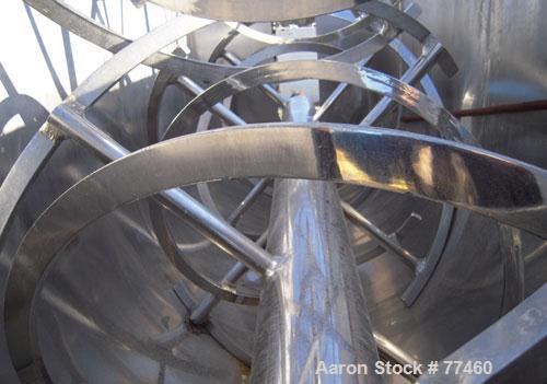 Used Young Industries Double Spiral Ribbon Blender, 150 Cubic Feet, Stainless Steel. Jacketed trough 53" wide x 114" long x 59" deep, rated 25 psi at 298 deg F. 1.75" x 1" outer ribbon, 1.75" x .75" ...