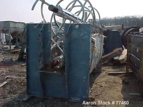 Used Young Industries Double Spiral Ribbon Blender, 150 Cubic Feet, Stainless Steel. Jacketed trough 53" wide x 114" long x 59" deep, rated 25 psi at 298 deg F. 1.75" x 1" outer ribbon, 1.75" x .75" ...