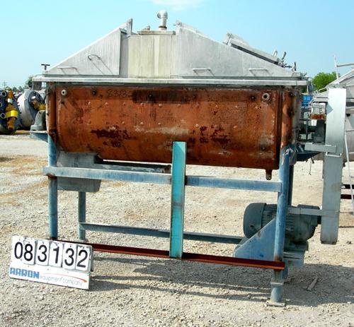 USED: Young Machinery double sprial ribbon blender, 24 cu ft working capacity, 304 stainless steel. Carbon steel jacketed trough 24" wide x 84" long x approx 26" deep, rated 75 psi at 320 deg F. 2-1/...