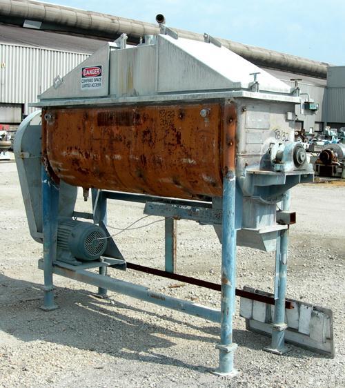 USED: Young Machinery double sprial ribbon blender, 24 cu ft working capacity, 304 stainless steel. Carbon steel jacketed trough 24" wide x 84" long x approx 26" deep, rated 75 psi at 320 deg F. 2-1/...