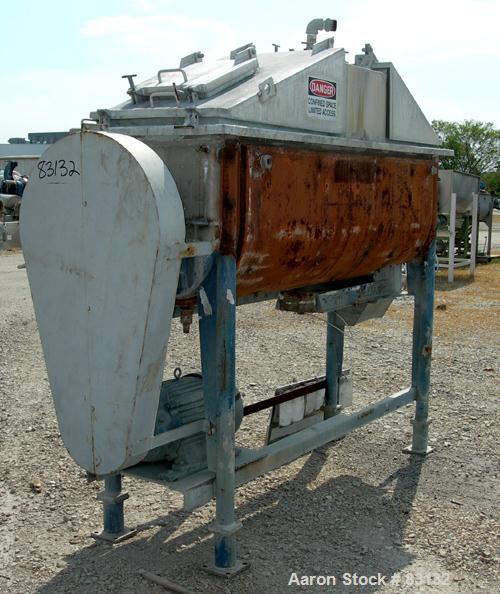 USED: Young Machinery double sprial ribbon blender, 24 cu ft working capacity, 304 stainless steel. Carbon steel jacketed trough 24" wide x 84" long x approx 26" deep, rated 75 psi at 320 deg F. 2-1/...