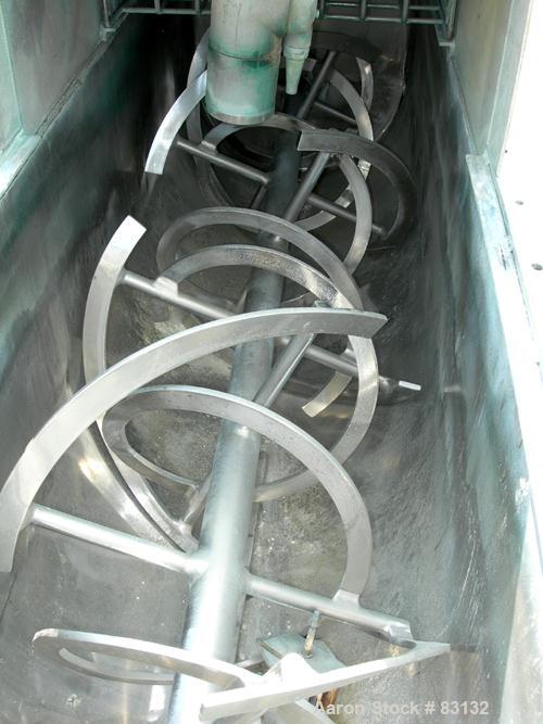 USED: Young Machinery double sprial ribbon blender, 24 cu ft working capacity, 304 stainless steel. Carbon steel jacketed trough 24" wide x 84" long x approx 26" deep, rated 75 psi at 320 deg F. 2-1/...