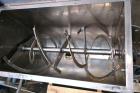 Used Ribbon Blender, 15 Cubic Feet, 304 Stainless Steel. Non-jacketed trough 25” wide x 48” long x approximately 28” deep. 2-1/2” Diameter shaft, inner ribbon 1-1/2” wide x 3/16” thick, outer ribbon ...