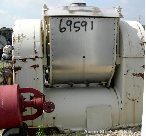 Used Champion Single Arm Slow Speed Rotary Mixer. Approximate 300 gallon capacity, mixing capacity approximately 1200 lbs. Carbon steel, jacketed bowl 43-1/2" front to back x 54" left to right x appr...