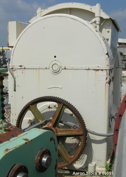 Used Champion Single Arm Slow Speed Rotary Mixer. Approximate 300 gallon capacity, mixing capacity approximately 1200 lbs. Carbon steel, jacketed bowl 43-1/2" front to back x 54" left to right x appr...