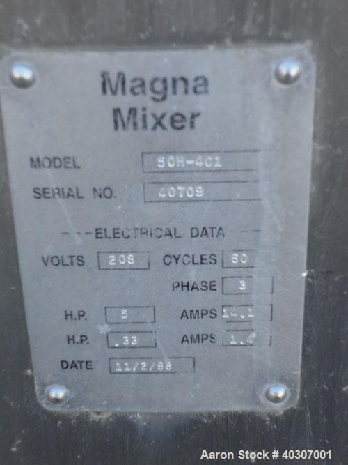 Used Stainless Steel Magna High Speed Single Arm Mixer, Model 50H-4C1, approximate 10 gallon/50 pound working capacity