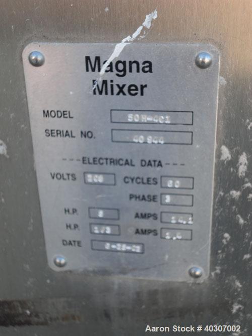 Used Stainless Steel Magna High Speed Single Arm Mixer, Model 50H-4C1, approximate 10 gallon/50 pound working capacity