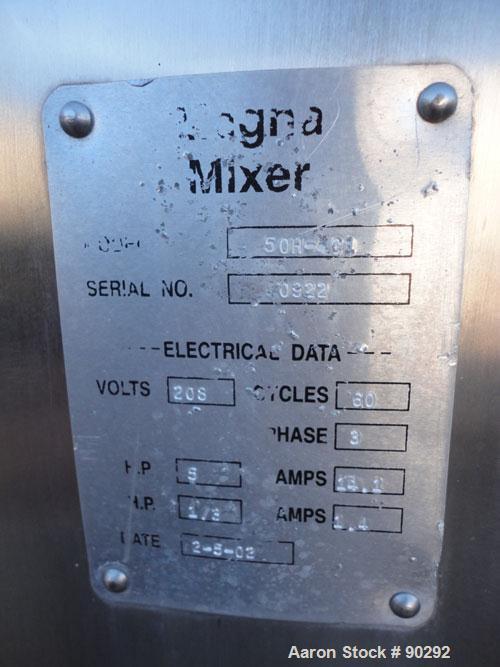 Used Magna High Speed Single Arm Mixer, Model 50H-4C1. Approximate 10 gallon/50 pound working capacity, 304 stainless steel. Jacketed bowl 18" front to back x 17-1/2" left to right x approximately 26...