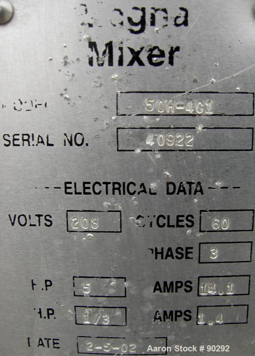 Used Magna High Speed Single Arm Mixer, Model 50H-4C1. Approximate 10 gallon/50 pound working capacity, 304 stainless steel. Jacketed bowl 18" front to back x 17-1/2" left to right x approximately 26...