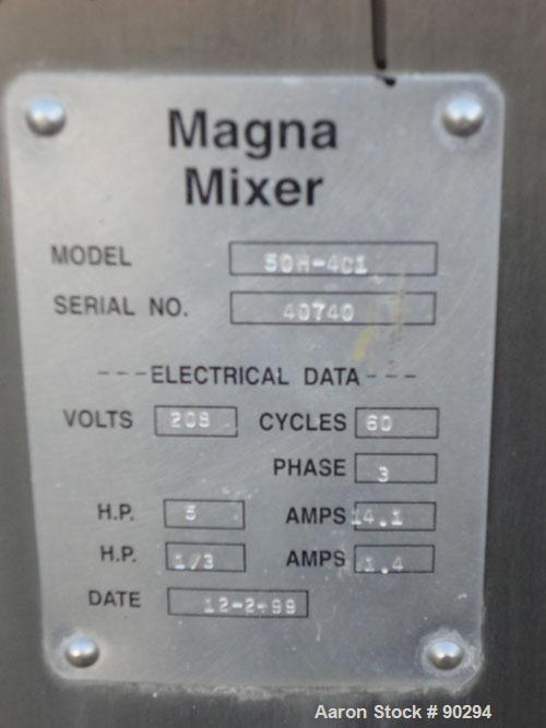 Used Stainless Steel Magna High Speed Single Arm Mixer, Model 50H-4C1, approximate 10 gallon/50 pound working capacity