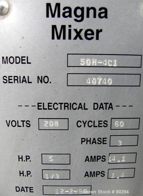Used Stainless Steel Magna High Speed Single Arm Mixer, Model 50H-4C1, approximate 10 gallon/50 pound working capacity