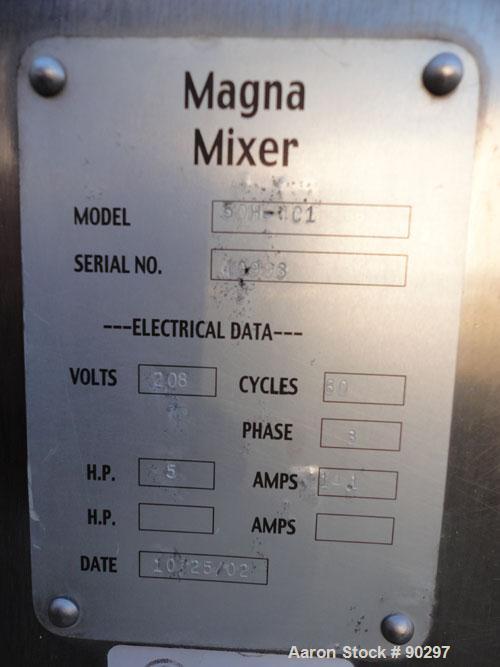 Used Stainless Steel Magna High Speed Single Arm Mixer, Model 50H-4C1, approximate 10 gallon/50 pound working capacity