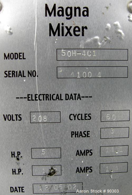 Used Magna High Speed Single Arm Mixer, Model 50H-4C1. Approximate 10 gallon/50 pound working capacity, 304 stainless steel. Jacketed bowl 18" front to back x 17-1/2" left to right x approximately 26...