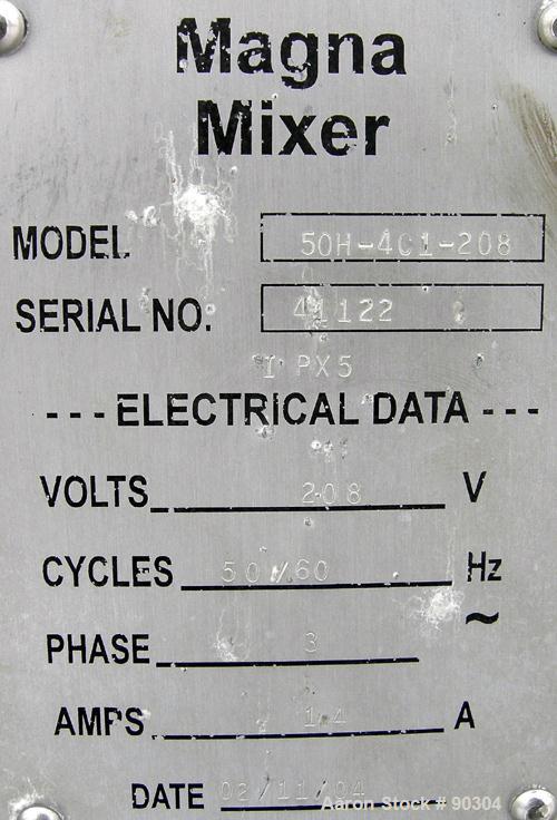 Used Magna High Speed Single Arm Mixer, Model 50H-4C1. Approximate 10 gallon/50 pound working capacity, 304 stainless steel. Jacketed bowl 18" front to back x 17-1/2" left to right x approximately 26...