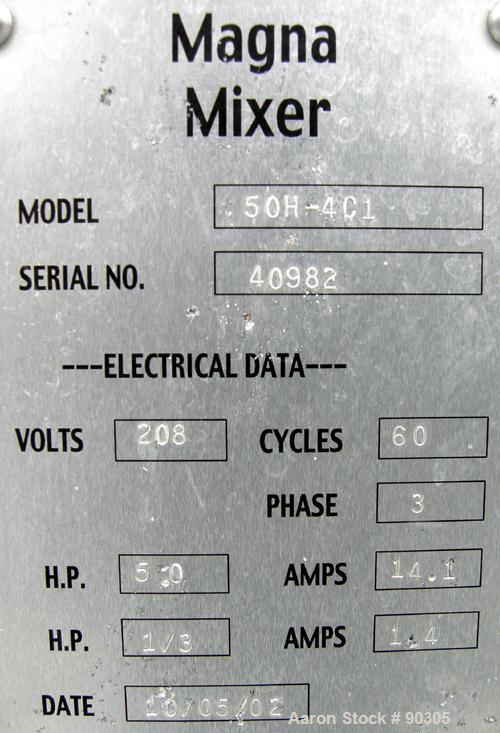 Used Stainless Steel Magna High Speed Single Arm Mixer, Model 50H-4C1, approximate 10 gallon/50 pound working capacity