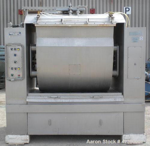 Used Peerless Single Arm Dough Mixer, Model 9SD, 304 Stainless Steel. Approximate 2800 pound dough capacity (55.6 cubic feet) batch size. Jacketed bowl 54" front to back x 55" left to right. Driven b...