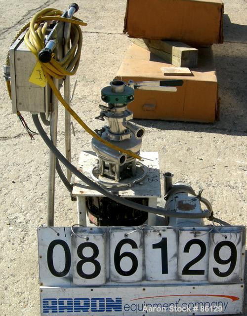 Used Tri Clover Tri Blender, Model F2116-EZ-SYS, 316 Stainless Steel. 4-1/2" diameter x 1-1/2" high 3 blade impeller. Driven by an approximate 3 HP motor. 3" top inlet, 1-1/2" side inlet, 1-1/2" side...