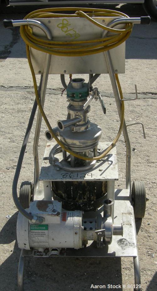 Used Tri Clover Tri Blender, Model F2116-EZ-SYS, 316 Stainless Steel. 4-1/2" diameter x 1-1/2" high 3 blade impeller. Driven by an approximate 3 HP motor. 3" top inlet, 1-1/2" side inlet, 1-1/2" side...
